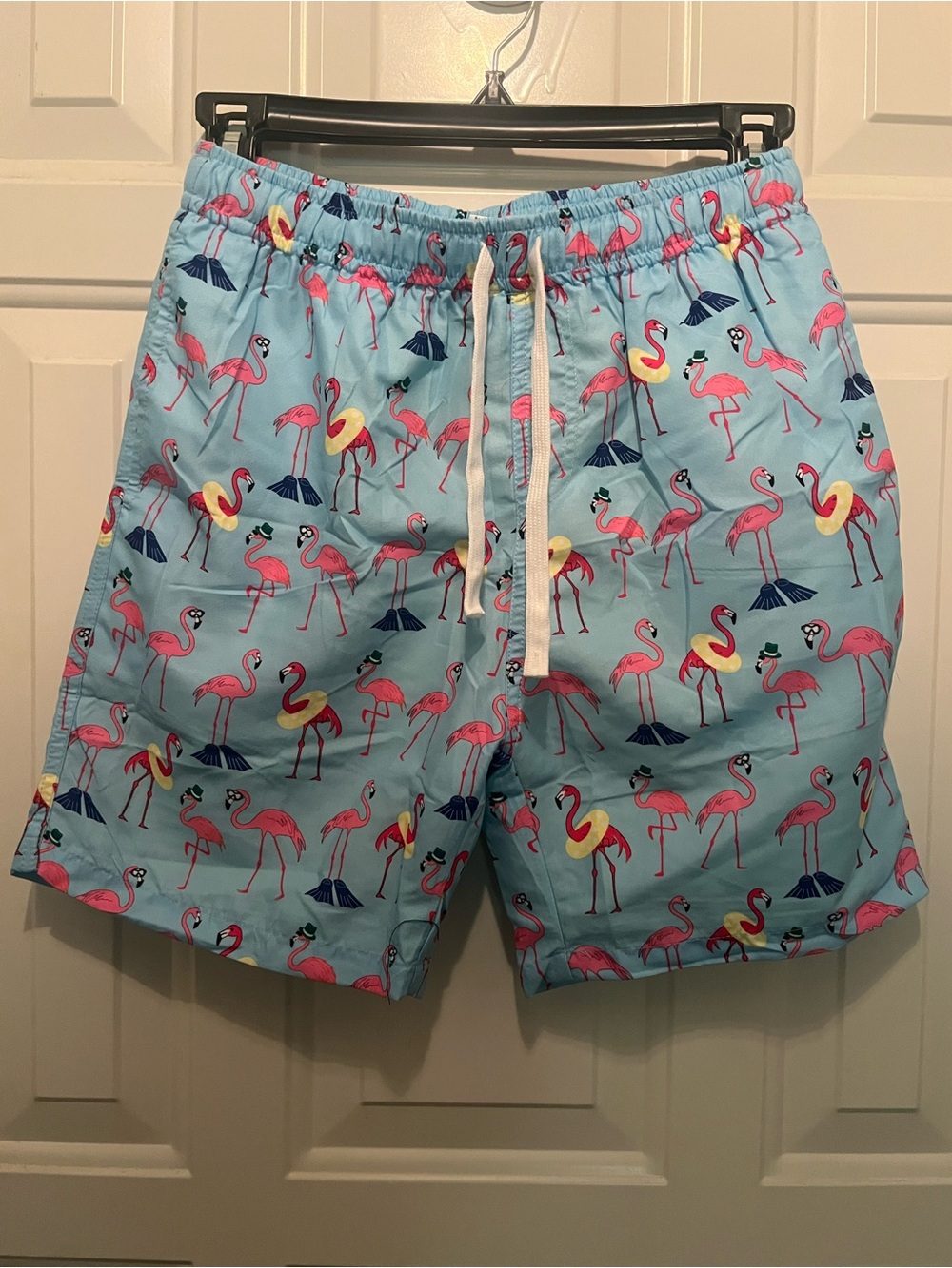 NEW! Amazon Kids Light Blue Swim Trunks with Pink Flamingo Print